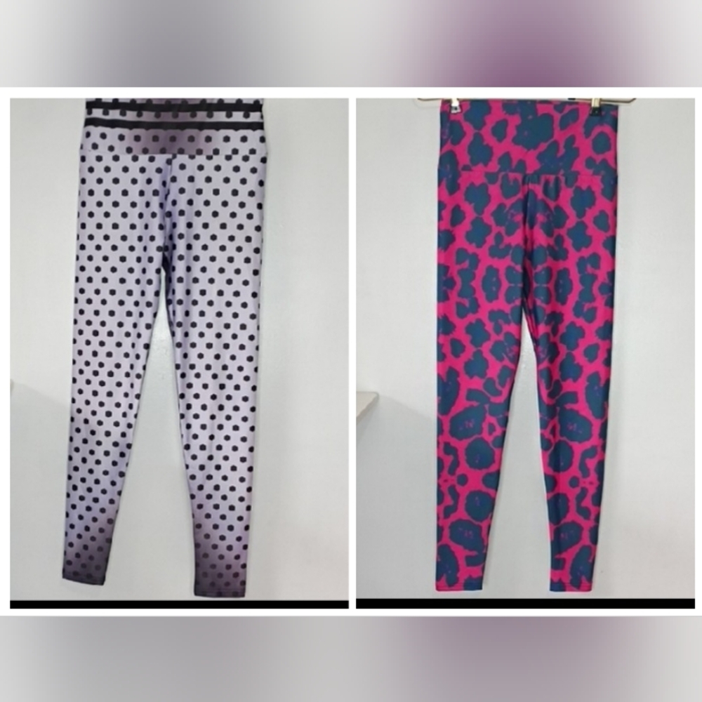 Two Pairs Of Yoga Pants  Leopard Print And Polka Dot Leggings Small